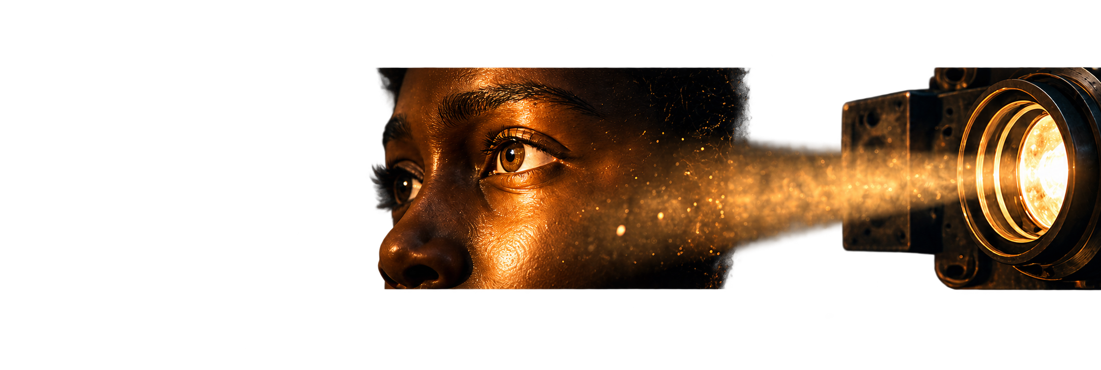 A golden projector beam reveals a face and story